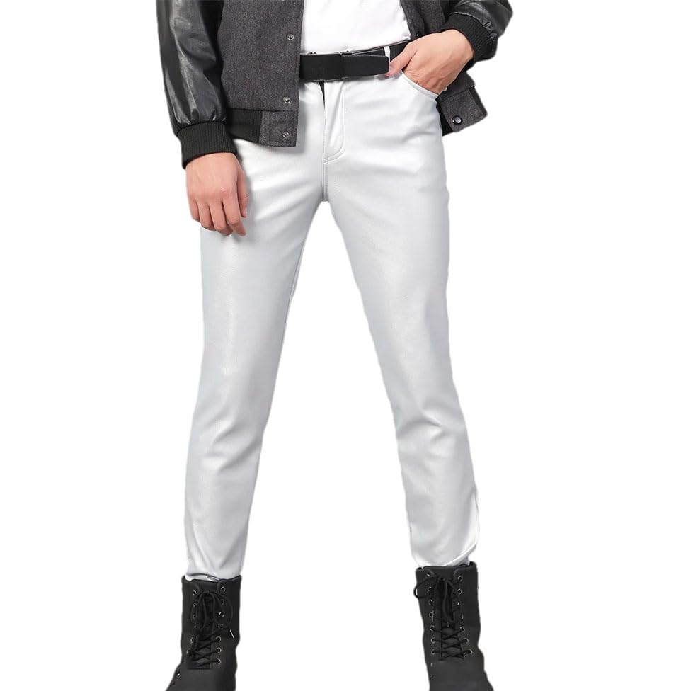 Men's PU Leather Slim Fit Pants Stretch Motorcycle Trousers
