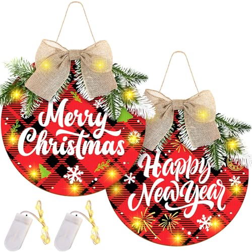 2-Sets-Merry-Christmas-Wreaths-Hanging-Sign-Wooden-Buffalo-Plaid-Decorations-Welcome-Wreath-Sign-for-Front-Door-with-Light-for-Farmhouse-Porch-and-Kitchen-Happy-New-Years-Decorations 2 Sets Merry Christmas Wreaths Hanging Sign Wooden Buffalo Plaid Decorations, Welcome Wreath Sign for Front Door with Light for Farmhouse Porch and Kitchen Happy New Years Decorations - Image 1