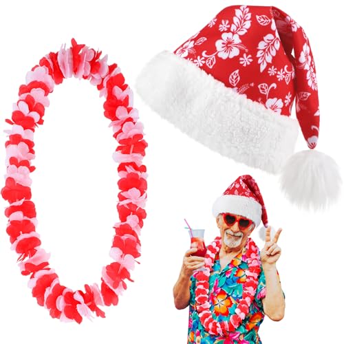 Poen 2 Pcs Hawaiian Christmas in July Costume Accessories Santa Hat Hawaiian Leis for Tropical Christmas Outfit Hibiscus Decoration