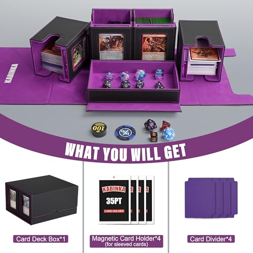 Image of Kabinka Card Deck Box for MTG Commander, Holds 400+ Double-Sleeved Cards, 5 IN 1 Detachable Card Case with Dice Tray, Fits Magic /TCG Cards, 4 Magnetic Card Holders & Dividers (Black Purple)