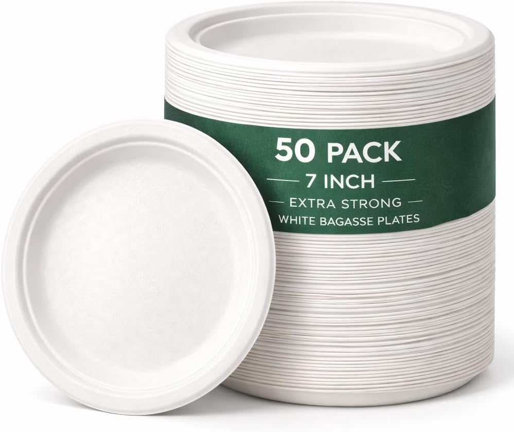 1ABOVE 50 Pack Extra Strong White Disposable Bagasse Plates, 100% Compostable and Biodegradable, Made from Sugarcane Fibre, Perfect for BBQ, Wedding, Office, Picnics and Parties (7 INCH)