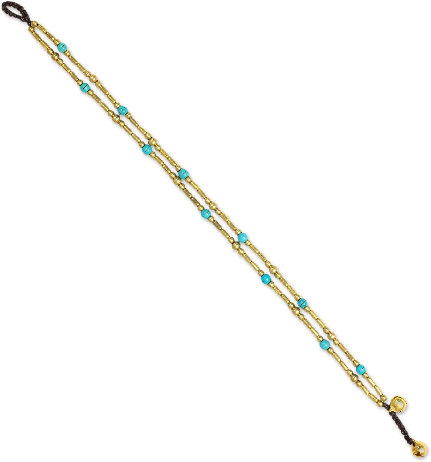 NOVICA Artisan Handmade Calcite Anklet Thailand Blue Double Strand Brass Bead Gold Tone Turquoise Green Beaded Bohemian [9.5 in min L x 9.75 in max L 8 mm W] ' Golden Bell'
