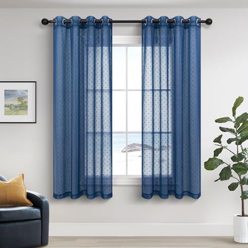 Indigo Blue Sheer Curtains 63 Inch Length for Boys Bedroom Cute Boho Polka Dots Sheer Curtain for Nursery Farmhouse Window Decor Navy Blue Voile Drapes for Living Room Grommet 2 Panels Set 52x63