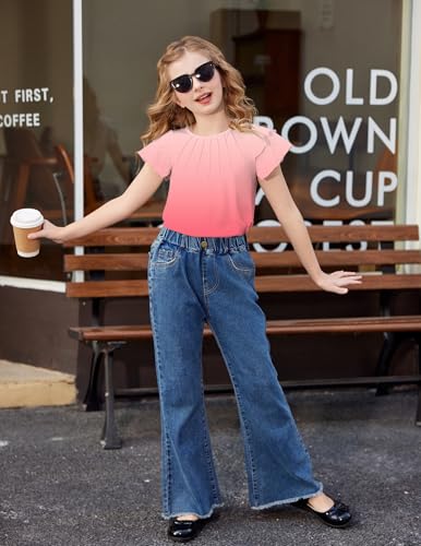 Image of Arshiner Girls T Shirts Ruffle Short Sleeve Summer Pleated Crewneck Casual Tops Tees Blouses
