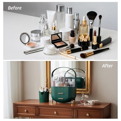 Image of Amazon Basics Large Capacity Makeup Organizer Box - Green, Portable Cosmetic Holder with Brush Storage Section