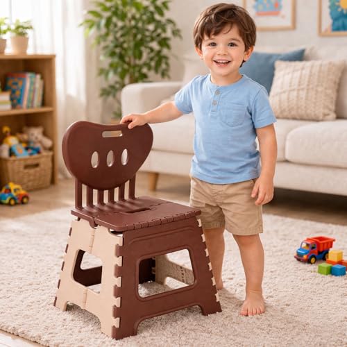 Image of A to Z Hub Folding Plastic Chair with Backrest for Kids & Adults | Portable, Lightweight, Durable Step Stool Seat | Space Saving, Easy to Carry, Indoor Outdoor Multipurpose Chair Brown (Brown)