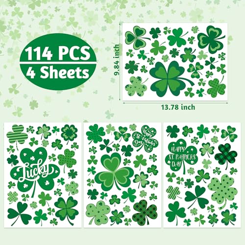 Image of 120 PCS St Patricks Day Decorations, 4 Sheets St Patricks Day Window Clings with Polka Dots Stripes Plaid Patterns, Double-Sided Green Party Decorations, Shamrock Window Clings for Home Decor