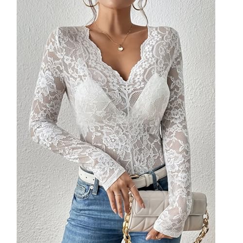 Jersey Mujer Otoño Algodon Camiseta Encaje Manga Larga Mujer Elegante Basicas Blusa Cuello V Punto Primavera Sueter Camiseta Interior Invierno Casual Termica Sweater Sudadera(Blanco,XXL)