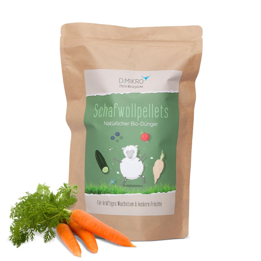 DIMIKRO Schafwollpellets - natürlicher Dünger für Pflanzen, Gemüse, Obst- und Ziergehölze und nachhaltige Böden - organischer Langzeitdünger (1 Kg)