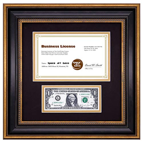 Space Art Deco, 11.5x11.5 Frame with 2 Opening Black Over Gold Double Mat Fits a 8.5x5.5 Business License and a Dollar Bill Frame, Easel Stand and Wall Mounting (Black/Ornate Gold Design)