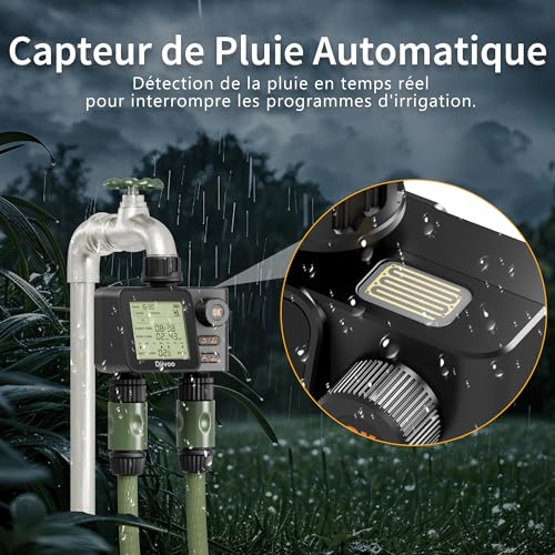 Programmateur Arrosage 2 Zone avec détecteur de pluie et 6 programmes d'arrosage séparés, Diivoo Minuteur Arrosage Automatique 2 Sorties avec Arrosage Manuel, Sécurité Enfant, Etanche IPX5 pour Jardin – vue 4