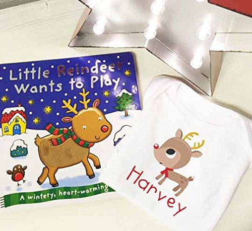 Little Reindeer wants to play and personalised cute rudolph baby grow