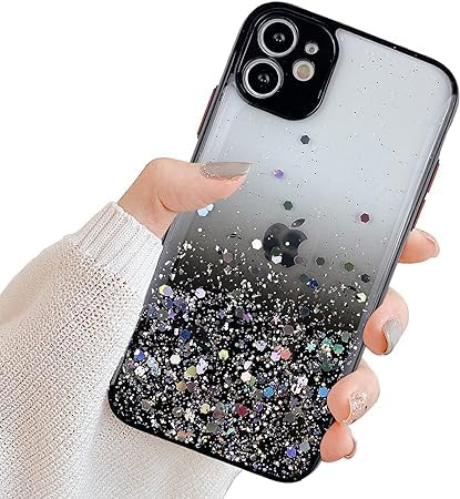 VONZEE® Case Compatible with iPhone 12 (6.1 inch), Non Moving Glitter Cover for Girls & Women Soft TPU Shockproof Anti Scratch Drop Protection Cover (Black)