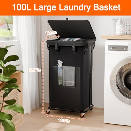 Image of 100L Laundry Hamper with Lid, Rolling Laundry Basket with Wheels, Large & Tall Dirty Clothes Hamper with Metal Frame and Removable Bag for Bedroom Aesthetic, Laundry Room, Bathroom, Dorm-Black