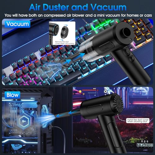 Compressed Air Duster, 100000RPM Handheld Car Vacuum/Air Blower& Pump, 3 Gear Adjustable Electric Air Duster/Car Vacuum Cleaner, Keyboard Duster with LED Light-10 Kits Air Blower for Computer