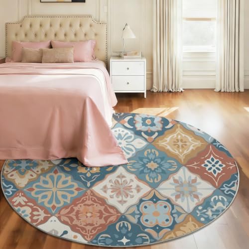 Tapis rond 90 cm bleu multicolore patchwork pour salon et chambre - 4