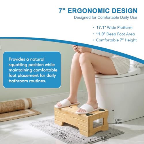 Image of Foldable Toilet Stool, Bamboo Squat Stool for Bathroom, Space-Saving Poop Stool with Comfortable 7 inch Daily Use Height, Potty Stool for Improved Posture, Optional 9 inch Height Mode (Cat Design)