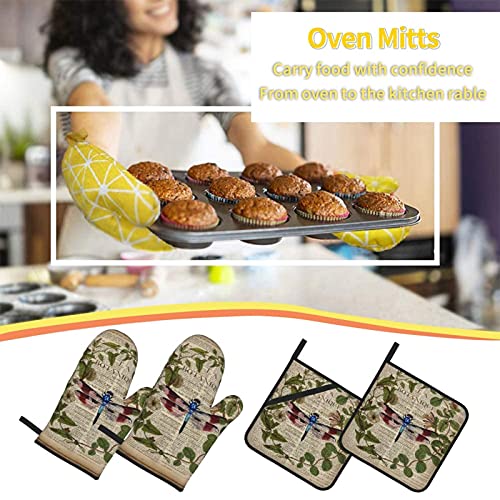 Vintage French Dragonfly Oven Mitts And Pot Holders Sets 4 Pcs Set, Heat Resistant Soft Cotton Lining With Non-Slip Surface Oven Gloves For Kitchen Cooking Baking Bbq #TOP7