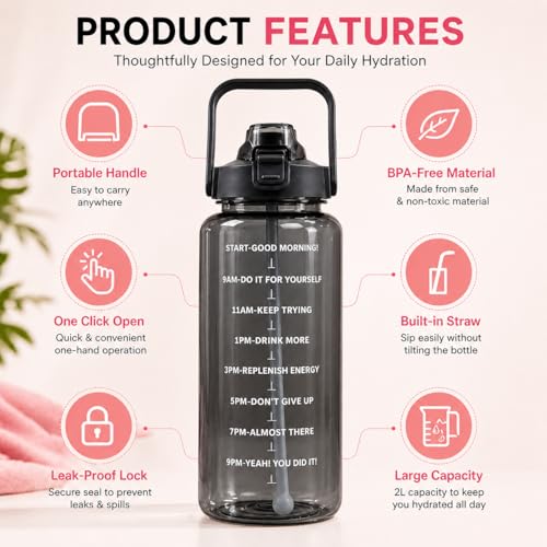Image of DFIT 2L Transparent Motivational Water Bottle with Motivational Quotes, Time Marker, cute stickers, sippers, Leakproof Durable BPA Free Non-Toxic Plastic Bottle for Fitness, Gym (Black, Pack of 1)