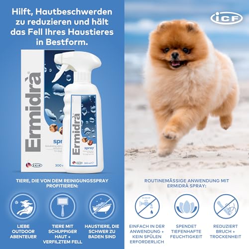 Ermidrà Feuchtigkeitsspray für Hunde, Katzen & Pferde | Hydratisierende & Beruhigende Hautpflege | Unterstützt EIN Weiches & Erfrischtes Fell | Ohne Ausspülen | 300ml