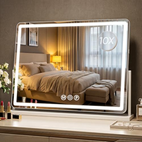 Antok Vanity Mirror with Lights, 33"X23" Lighted Makeup Mirror, Smart Touch, 3 Color Modes and Brightness Adjustable, LED Vanity Mirror with Detachable 10X Magnification, 360° Rotation for Makeup Desk — view 3