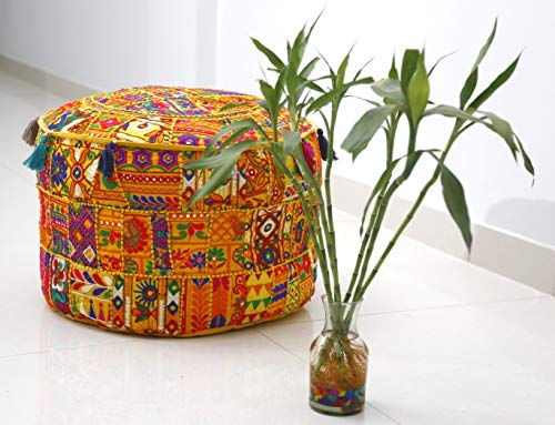 Trade Star Indian Patchwork Pouf Cover Bohemian Living Room Pouf, Decorative Ottoman,Embroidered Designer Ottoman, Home Living Footstool Chair Cover Floor Pouf Decor (Pattern 2, 18 x 18 x 14 Inches)