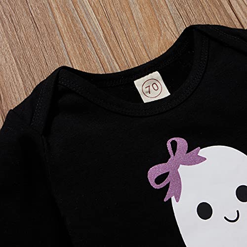 0-12M Newborn Baby Girls Halloween Outfit Long Sleeve Ghost Pumpkin RomperTutu Skirt Headband 3pcs Set4