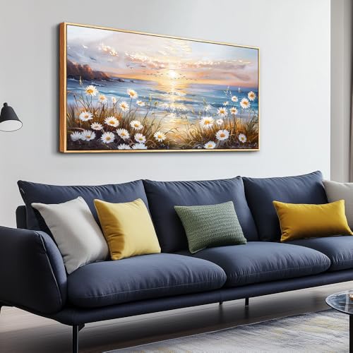 PHAOHUAXM Large Wall Art For Living Room Canvas Wall Decor For Office Bedroom Decorations Blue Ocean Landscape Wall Pictures Artwork Modern Beach Posters Aesthetic Home Decor Wood Framed 24"x48"