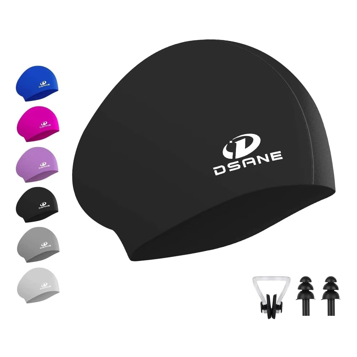 Womens Silicone Swim Cap for Long Hair,3D Ergonomic Design Silicone Swimming Caps for Women Kids Men Adults Boys Girls with Ear Plug and Nose Clip(Black/L) — image 1