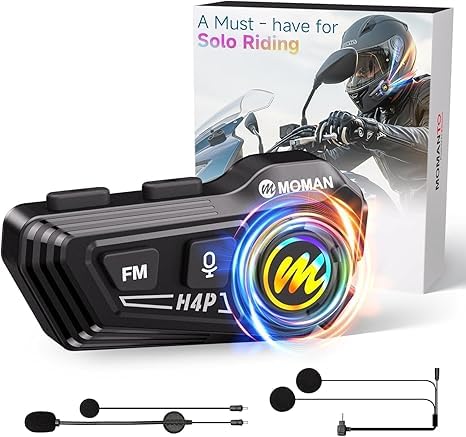Image of Moman Motorcycle Helmet Headsets Speaker, Hands‑Free Hi-Fi Speakers Dual Noise Cancellation with Loud Sound, Voice Assistant IPX6 Waterproof with RGB FM Radio for All Helmets and Solo Riding (H4P)