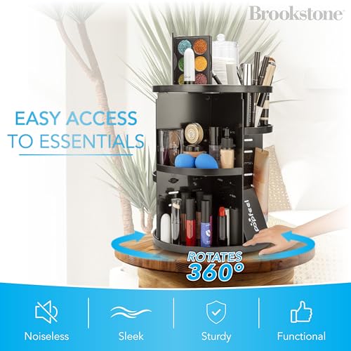 Brookstone 360° Spin Cosmetic Display Case for Vanity, Store Brushes, Lipsticks, and Other Fashion Accessories, Versatile Storage Solution, black