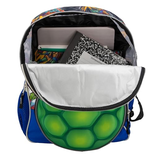 Image of AI ACCESSORY INNOVATIONS Teenage Mutant Ninja Turtles Backpack, 16 inch TMNT School Bag Featuring a 3D EVA molded Turtle Shell Front Pocket, Blue & Green