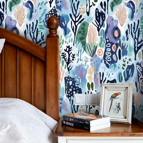 KDGHORMY Abstract Sea Coral Wallpaper Self Adhesive Peel and Stick Blue Watercolor Seaweed Botanical Leaves Contact Paper Removable Waterproof for Bedroom Renter Friendly 17.71"x236.2" by KDGHORMY - Image 8