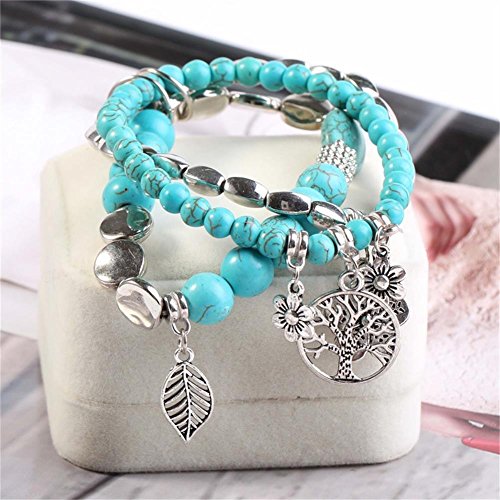 Yinmai Bohemian Turquoise Beaded Bracelet Tree Of Life Pendant Beach Stretch Bracelet 3 Sets #TOP1