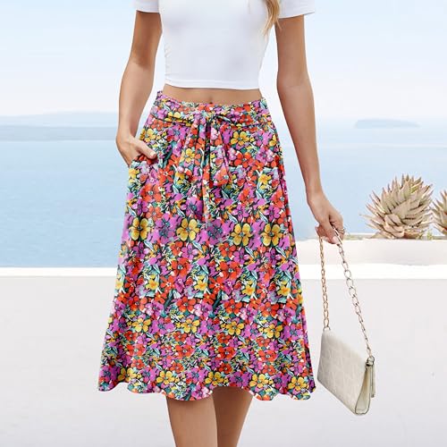 Womens Flowy Skirts Midi Length High Waisted Trendy Boho Floral Beach Skirt with Pockets