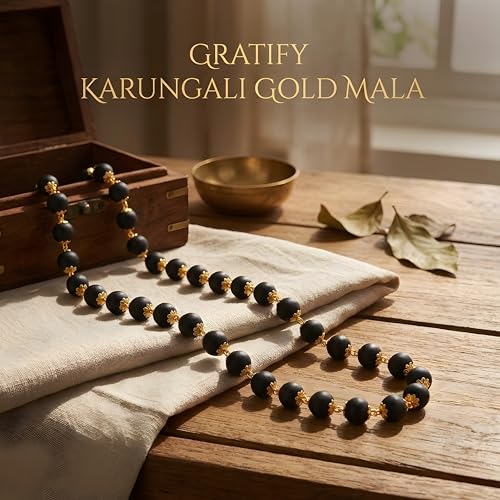 Image of Gratify Original Karungali Mala 54 Beads (7mm) for Men & Women | Authentic Black Ebony Wood Mala with Gold Plated Metal Caps | Spiritual Necklace for Meditation, Prayer, Energy Balance & Positive Vibes