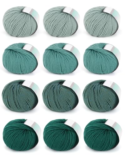 Image of Coopay Yarn for Crocheting, 12 Premium Wool Yarns | 60% Wool 40% Polyester, 1.76oz, 164yds - #3 DK Crochet Yarn for Clothes, Scarves, Blankets, Shawls (Green Family)