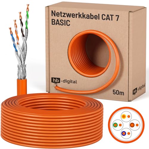 HB-DIGITAL 50m CAT 7 Netzwerkkabel LAN Kabel Verlegekabel Ethernet Installationskabel AWG23 10 Gbit/s S/FTP LSZH BauPVO Eca Datenkabel Simplex - Orange