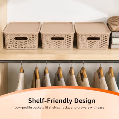 Image of Amazon Basics Set of 3 Plastic Storage Baskets with Lid - Stackable Organiser for Wardrobe, Kitchen, Clothes, Toys, Books, Office, Stationery - Multipurpose (Medium, 36x30x13 cm | Biscuit, Rectangular