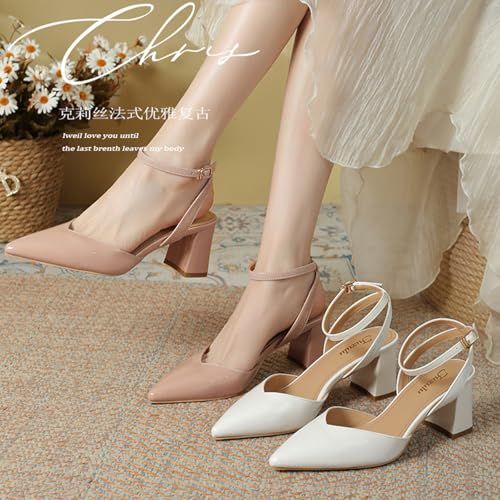 Women's Fashion Leather Chunky Heel Sandals Closed Pointed Toe Ankle Strap Mid Block Heel Dress Shoes Sexy Non-Slip Party Prom Wedding Bridal Shoes2