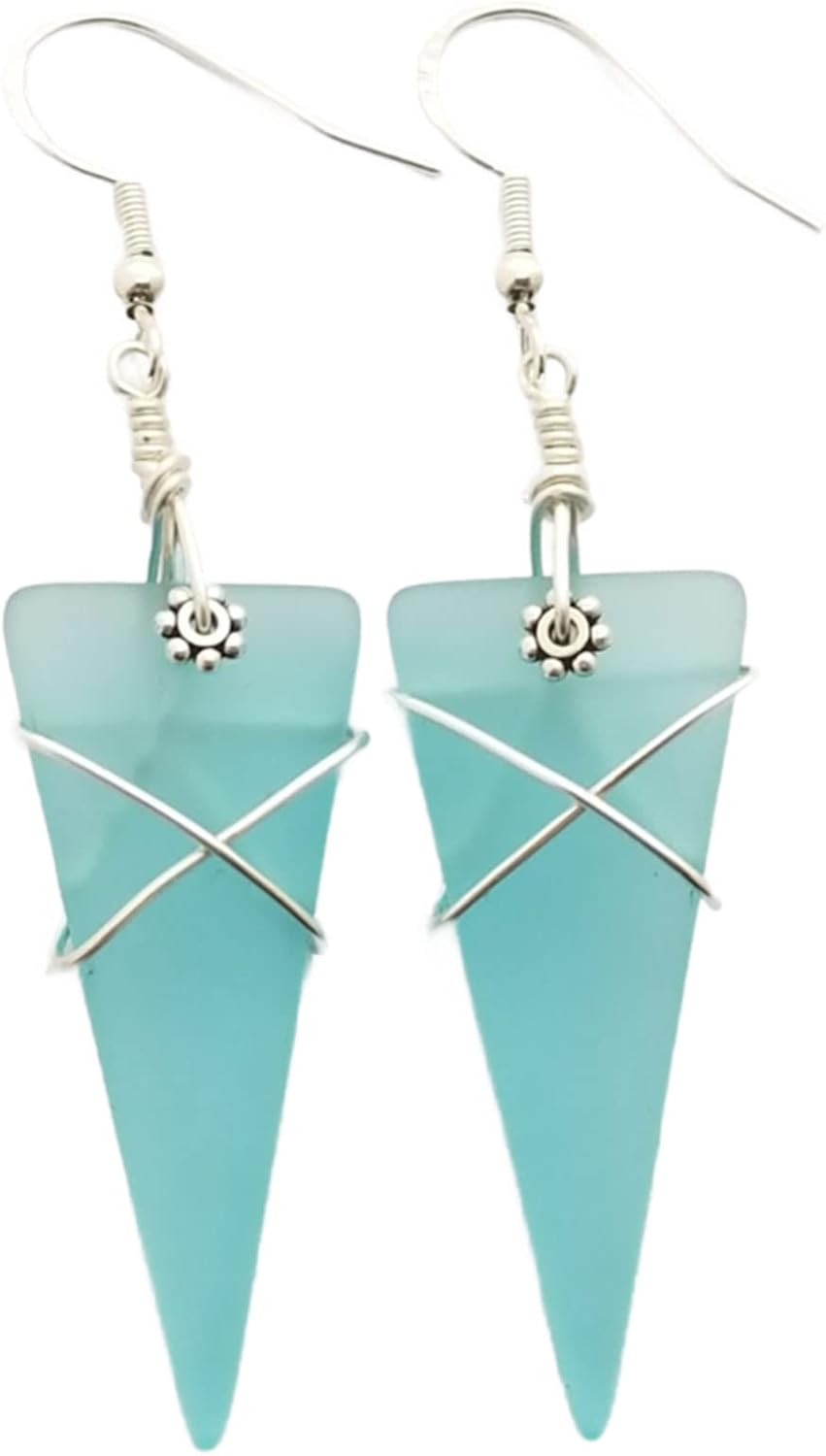 Yinahawaii Handmade Sea Glass Earrings, Wire Wrapped Isosceles Turquoise Blue Earrings, Beach Jewelry Sea Glass Jewelry For Women (December Birthstone Gift)