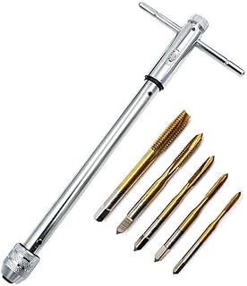 QISF Adjustable T-Handle Ratchet Tap Holder Wrench Set + 5Pcs Titanium M3-M8 Machine Screw Thread Metric Plug Taps(Wrench 10" Long)