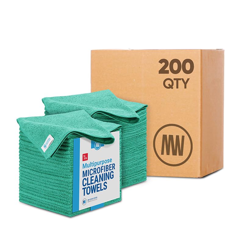 Bulk 16" x 16" All Purpose Microfiber Towels Wholesale - Case Quantity (200 Count) | Large | No Fraying | High Density Microfiber | Zero Chemical Cleaner | Long-Lasting (Green)