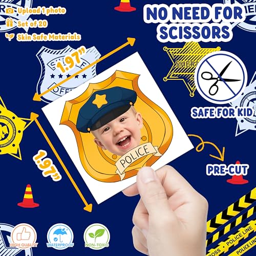 Image of Custom Police Temporary Tattoos for Kids | Personalized Pre-Cut Face Photo, Birthday Party Favors for Boys, Police Lovers, Set of 20