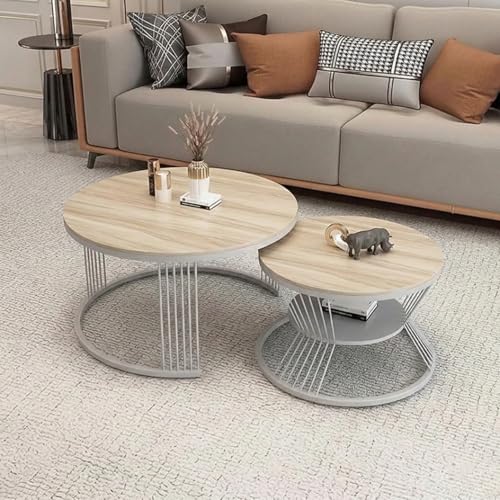 Image of Modern Nested Coffee Table Set of 2 | Round Marble Finish Tabletop with Metal Base | Luxury Center Table for Living Room, Lounge & Office (Cream Gry)