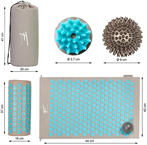 Fitem Akupressur-Set – Akupressurmatte + Kissen + Tasche + Massagekugel – lindert Schmerzen im Rücken und Nacken – Muskelentspannung