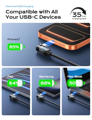 Image of AUFU PD 60W USB C to USB C Cable 6.6ft(1Pack), Double 180 +360Rotation /C to C Fast Charging /Type C to Type C Cable /6ft USB C Cable for 1Phone 17 /16 /15 /Ma-Book /1Pad Series, Samsung Galaxy Series