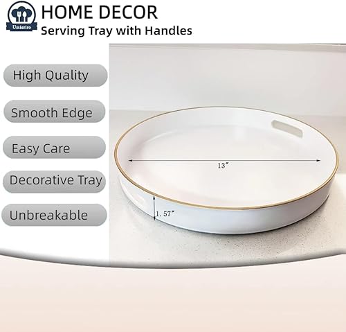 Miniatura 3 de Bandeja decorativa redonda de 13 pulgadas, bandeja blanca para servir con asas, bandeja de mesa auxiliar de plástico para otomana, sala de estar,