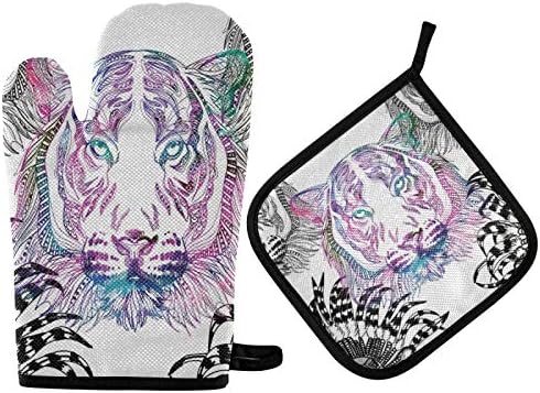 Oven Mits Pot Holder for Kitchen Tigers Ethnic Headdress Oven Gloves Non-Slip Potholder Set for Baking, Grilling