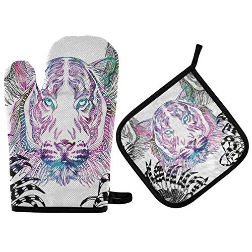 Oven Mits Pot Holder For Kitchen Tigers Ethnic Headdress Oven Gloves Non-Slip Potholder Set For Baking, Grilling #TOP16